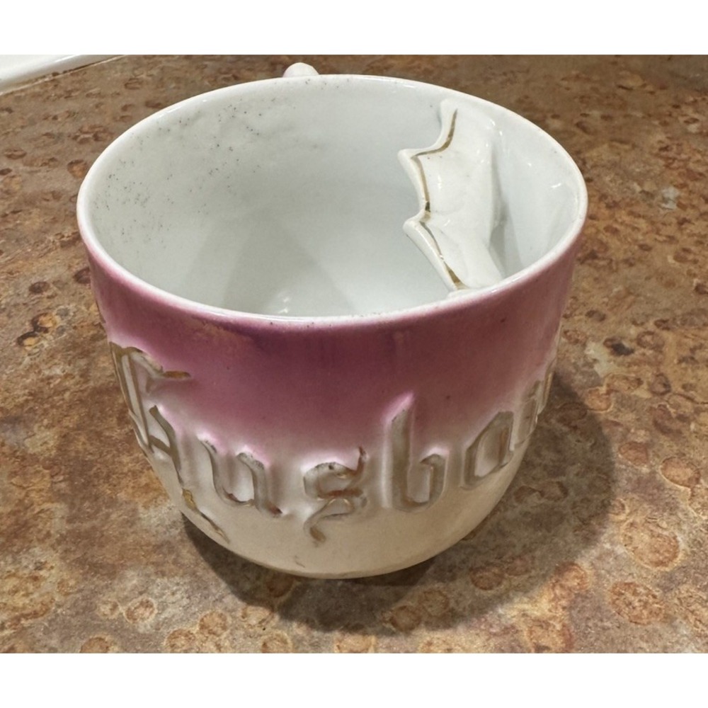 Antique German Porcelain Mustache Cup Pink Floral Raised HUSBAND Victorian As Is - Picture 2 of 10
